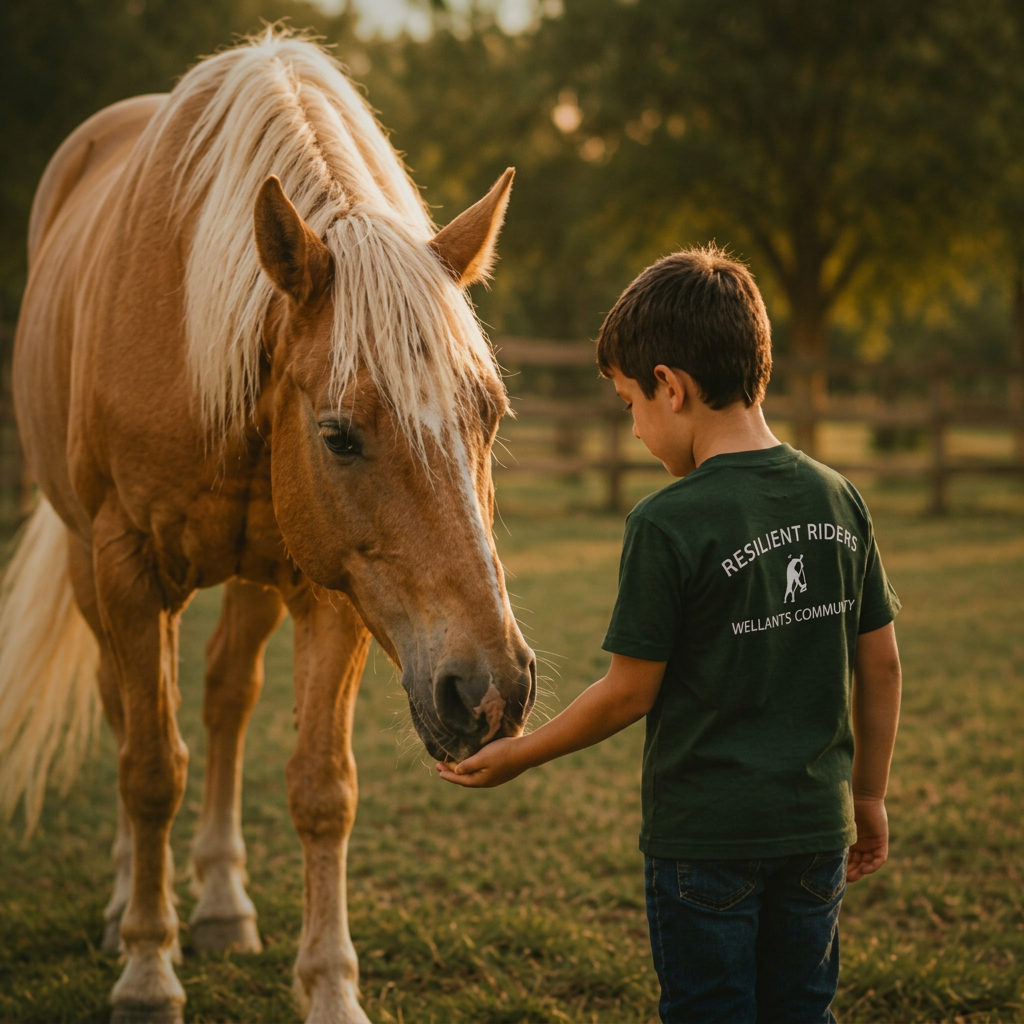 A child sharing a quiet moment with a Resilient Riders horse